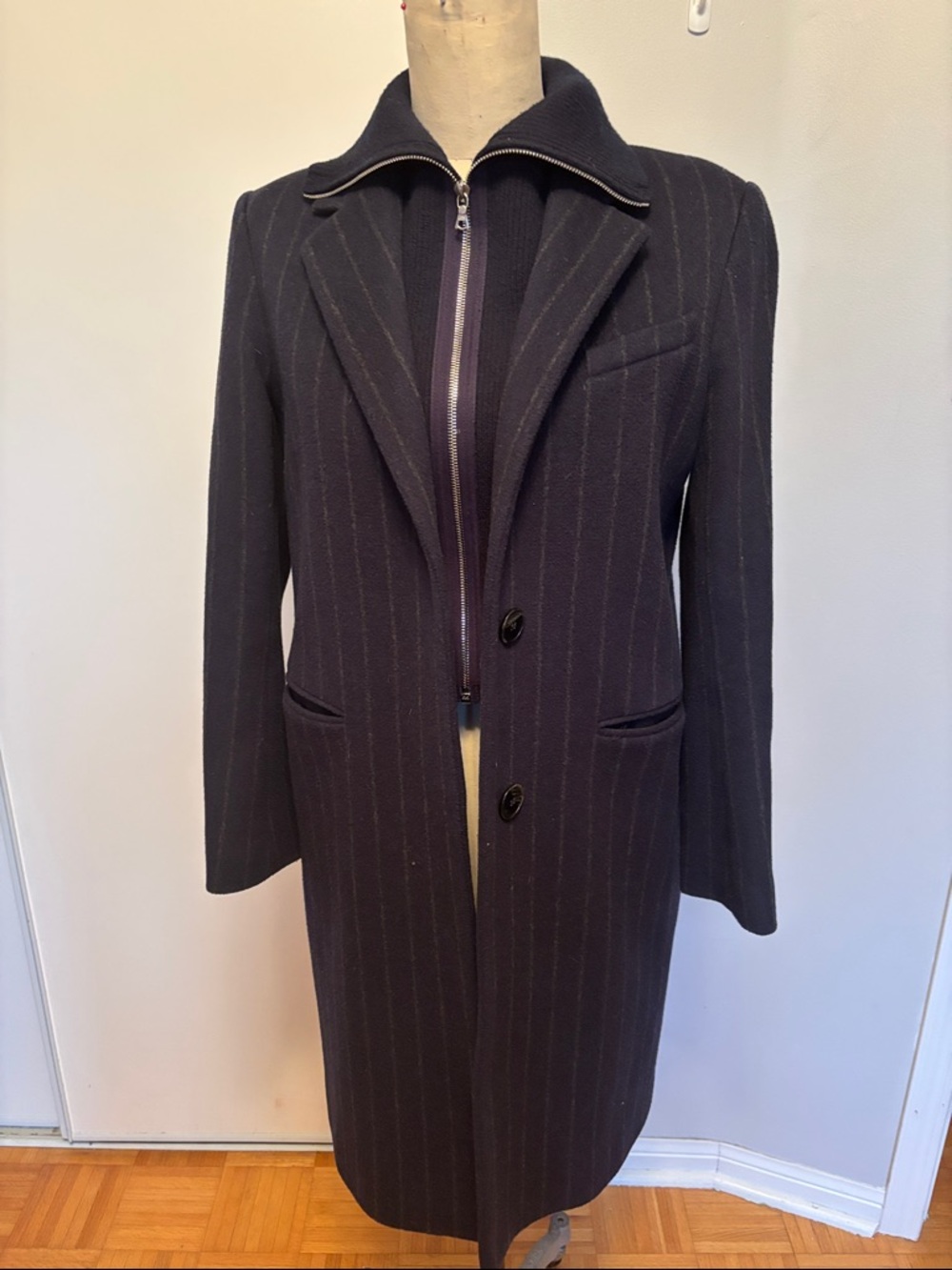 Sandro Women's Dark Navy Pinstripe wool coat